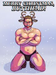 annoyed_expression arms_crossed arms_crossed_under_pecs artist_request back_to_the_future ball_gag biff_tannen boots christmas english_text gag human jockstrap kneeling male male_only muscular pecs_pressed_together rapist rapist_official reindeer_costume
