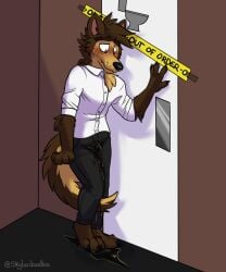 1boy 5:6 absurd_res anthro anthro_only bathroom bodily_fluids canid canine canis clothed clothing desperation furry furry_only genital_fluids hi_res male male_only male_peeing mammal no_humans omorashi peeing peeing_self skylardoodles solo urination urine watersports wetting wolf