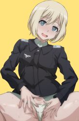 1girls arobiro black_jacket blonde_hair blue_eyes erica_hartmann female female_only highres jacket military military_uniform panties presenting pussy shirt short_hair solo spread_legs strike_witches swimsuit underwear uniform white_panties white_shirt world_witches_series yellow_background