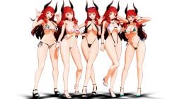 3d 5girls belly_button big_breasts bikini clones clothed clothing demon_girl demon_horns dirt_(mmddirt) female female_only horns light-skinned_female light_skin pose quappa-el red_eyes red_hair skimpy_bikini vindicare_(quappa-el)