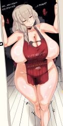 1girls absurd_res apron apron_only breasts deooxido dialogue english_text female grey_hair hips huge_breasts light-skinned_female light_skin long_hair massive_breasts mature_female milf mother naked_apron standing_in_doorway text thick_thighs thighs too_small_clothes useless_clothing uzaki-chan_wa_asobitai! uzaki_tsuki voluptuous wide_hips