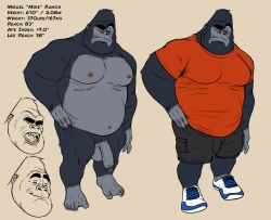 2023 anthro ape balls belly black_body black_fur bodily_fluids bottomwear clothing eyebrows facial_hair footwear fur genital_fluids genitals gorilla grey_body grey_fur hair hairy haplorhine hi_res male mammal maychin model_sheet moobs navel nipples nude pants penis primate shoes simple_background smile solo