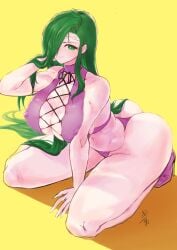 1girls adjusting_hair annand_(fire_emblem) ass bare_legs bare_thighs big_ass breasts covered_nipples female female_only fire_emblem fire_emblem:_genealogy_of_the_holy_war green_eyes green_hair hair_over_one_eye huge_breasts kneeling legs long_hair nintendo panties purple_panties revealing_clothes smile solo ta_dasu_(tadasu_hayashi) thick_thighs thighs underwear very_long_hair