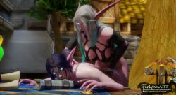 3d bent_over doggy_style female ferlynn futa_on_female futanari lunalae night_elf on_table pushing_down raylana self_upload sex sex_from_behind showing_breasts standing story_in_description world_of_warcraft