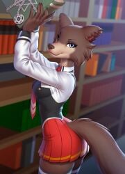 anthro anthro_only beastars black_pupils blue_eyes book bookshelf breasts brown_fur brown_nose canine eyebrows eyelashes female female_only fully_clothed fur furry furry_female furry_only inside juno_(beastars) looking_at_viewer mammal pak009 pakwan008 school_uniform schoolgirl skirt solo_female standing tail thighhighs tie tuft white_sclera wolf