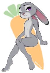 2023 2d anthro artist_name black_pupils buckteeth carrot chest_tuft digital_media disney eyebrows eyelashes female female_only flat_chest furry furry_female furry_only grey_fur judy_hopps lagomorph looking_at_viewer mammal naked naked_female navel no_humans no_nipples one_eye_closed paws purple_eyes rabbit scut_tail sitting solo_female tagme tail tuft two_tone_body two_tone_fur w4g4 waga_(artist) white_sclera zootopia