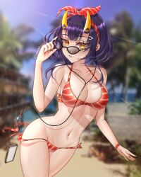 1girls 2023 adjusting_eyewear adjusting_glasses adjusting_sunglasses artist_name beach belly belly_button bikini breasts curvy earphones female female_only hi_res horns indie_virtual_youtuber looking_over_eyewear looking_over_glasses looking_over_sunglasses midriff navel oni onigiri_(vtuber) outside palm_tree phone purple_hair solo standing sunglasses swimsuit thighs tinted_eyewear tree underwear virtual_youtuber wonnikon yellow_eyes