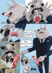 2022 absurd_res anthro anthro_on_anthro big_dom_small_sub bodily_fluids canid canine canis clothed clothed_sex clothing comic cum cum_in_mouth cum_inside cum_on_tongue cumshot cumshot_in_mouth dialogue dominant duo ejaculation english_text erection foreskin gay genital_fluids genitals half-erect hi_res humanoid_genitalia humanoid_penis illumination_entertainment jimmy_crystal larger_male male male/male male_only mammal metalslayer partially_retracted_foreskin penis procyonid raccoon rave_raccoon retracted_foreskin sex shaking_penis simple_background sing_(movie) size_difference smaller_male swinging_penis text tongue traditional_media_(artwork) tush wolf yaoi