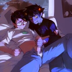 2boys balls big_penis black_hair blushing blushing_male boner boxers clothed clothes clothing cock couple cute cute_expression cute_face cute_male dick duo erect_penis erection fangs gay gay_sex genital_fluids genitals glasses grey_body grey_skin handjob helping_hand homestuck horns horny horny_male interspecies jerking jerking_off jerking_off_another jerkingoff jerkingoff_another john_egbert karkat_vantas lacryboy light-skinned_male light_skin looking_at_penis looking_pleasured male male/male male_only masturbating masturbating_other masturbation medium_hair melanpsycholia monster monster_boy mostly_clothed nerd on_bed pants pants_open penis penis_out pleasure pleasure_face pleasured pleasured_face pointy_ears precum precum_drip shark_teeth teen teen_boy teenage teenage_boy teenager teenager_on_teenager testicles troll troll_male twink underwear white_skin yaoi