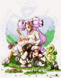 2girls female hilda_(pokemon) human iris_(pokemon) multiple_girls over_the_knee over_the_knee_spanking pokeball pokemon pokemon_(species) smallmew snivy spanked spanking