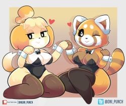 2girls 3_fingers 3_toes accessory aggressive_retsuko ailurid animal_crossing anthro big_breasts black_bow_tie black_clothing black_legwear black_leotard black_nose black_stockings bow_tie breasts brown_body brown_fur bunnysuit canid canine canis cheek_tuft cleavage clothed clothing costume crossover cuff_links cute cute_face digital_media_(artwork) domestic_dog duo eyelashes facial_tuft feet female female_only females_only fingers fur hair hair_accessory hair_bell hand_holding heart hi_res isabelle_(animal_crossing) jpeg latex legwear leotard looking_at_viewer looking_back mammal markings netflix nintendo one_eye_closed onigiri_punch orange_body orange_fur patreon red_panda retsuko sanrio shih_tzu side_boob side_by_side simple_background sitting smile smiling_at_viewer stockings striped_markings striped_tail stripes tail tail_markings thick_thighs thigh_highs toes topwear toy_dog tuft twitter white_body white_cuffs white_fur wink winking_at_viewer yellow_body yellow_fur