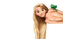 1girls 3d accurate_art_style blonde_hair breasts disney disney_princess edit female green_eyes naked nipples nude pascal_(tangled) rapunzel small_breasts smile tangled third-party_edit topless very_long_hair white_background