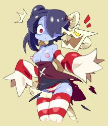 1girls blue_skin breasts breasts_out detached_sleeves female glassrunner hair_over_one_eye leviathan_(skullgirls) nipples panties ponytail purple_hair red_eyes shocked_expression skullgirls sleeves_past_fingers sleeves_past_wrists smile squigly stockings striped_legwear striped_panties thighhighs torn_clothes