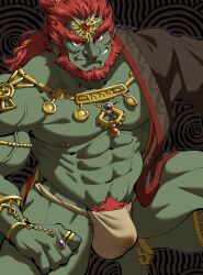 41raco balls bara beard bulge facial_hair flaccid fundoshi ganondorf gerudo gold_jewelry green_skin jewelry male male_only muscles muscular nintendo no_visible_genitalia partially_clothed penis red_hair solo solo_male spread_legs tears_of_the_kingdom the_legend_of_zelda