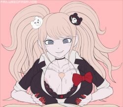 1boy 1girls blue_eyes choker cleavage clothed clothed_female clothed_female_nude_male danganronpa danganronpa:_trigger_happy_havoc failureofasavior female junko_enoshima looking_at_viewer male paizuri smirk straight_hair titjob twintails