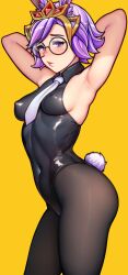 1girls armpits arms_up blush bunny_ears bunny_tail bunnysuit glasses hair_ornament ikkimay nipples nipples_visible_through_clothing paladins pantyhose partially_clothed purple_eyes purple_hair rei_(paladins) short_hair skintight solo standing thick_thighs