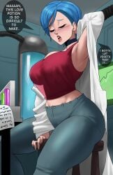 1girls absurdres blue_hair bulma bulma_briefs dragon_ball dragon_ball_super echosaber english_text female jeans labcoat large_breasts light_skinned_female milf scientist short_hair tagme thick_thighs