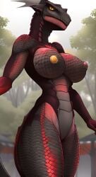 1girls 2023 ai_generated anthro breasts completely_nude completely_nude_female dragon female female_only forest grey_scales multicolored_body naked naked_female natural_armor nipples nude nude_female outdoors outside red_scales scales scalie scalieton self_upload stable_diffusion yellow_eyes