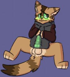 anthro balls blush brown_body brown_fur bulge clothing domestic_cat felid feline felis fur genital_outline genitals green_blush green_eyes green_penis hoodie male mammal ozul paws penis penis_outline shadowkat simple_background solo tail topwear