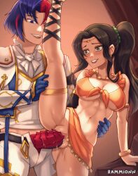 1boy 1girls alear_(fire_emblem) alear_(male)_(fire_emblem) arm_support ass_visible_through_thighs bare_legs bare_midriff blue_eyes blue_hair blush breasts brown_eyes brown_hair cleavage dancer dragon_penis female fire_emblem fire_emblem:_genealogy_of_the_holy_war fire_emblem_engage heterochromia human human_penetrated large_breasts laylea_(fire_emblem) legs long_hair male midriff multicolored_hair nintendo open_mouth ponytail pussy rammionn red_eyes red_hair sex sideways_standing_congress smile spiked_penis spread_legs standing standing_sex underboob vaginal_penetration vertical_splits waist_grab