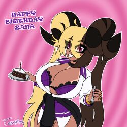 1girls aife_(zanamaoria) big_breasts big_horns birthday black_sweater blonde_hair bra bracelet breasts brown_hair brown_skin cake cleavage collar curved_horns demon_horns fanart female fork front-tie_top gift_art grin grinning gyaru hair_on_horn holding_object horns huge_breasts jewelry looking_at_viewer original original_character pink_background plate pointy_teeth purple_bra purple_eyes purple_panties purple_skirt ring rings sharp_teeth shortstack smiling smiling_at_viewer succubus sweater sweater_around_waist tan tan-skinned_female tanline tanlines tanned_skin terton thighs twintails two_tone_hair white_shirt