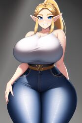 ai_generated bimbo blonde_hair blue_eyes curvaceous curvy curvy_figure gigantic_breasts hand_on_hip high_waisted_jeans huge_breasts huge_hips long_hair looking_at_viewer nai_diffusion ponytail princess_zelda seductive_smile shiny_clothes shiny_hair shiny_skin stable_diffusion tank_top the_legend_of_zelda thick_thighs thunder_thighs voluptuous white_tank_top wide_hips