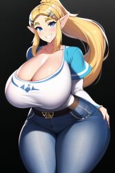 ai_generated bimbo blonde_hair blue_eyes cleavage curvaceous curvy curvy_figure gigantic_breasts high_waisted_jeans huge_breasts huge_hips long_hair looking_at_viewer nai_diffusion princess_zelda seductive_smile shiny_clothes shiny_hair shiny_skin shirt stable_diffusion the_legend_of_zelda thick_thighs thunder_thighs voluptuous white_shirt wide_hips