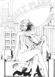 1girls black_and_white breasts breasts_covered cape cape_only city city_background covered_nipples covering covering_breasts crossed_legs daily_planet dc dc_comics feet_out_of_frame female female_focus female_only girl hair hair_blowing lois_lane looking_at_viewer naked naked_female nude nude_female nudity outdoors reporter rooftop sideboob sitting solo superheroine superman_(series) teasing walter_geovani