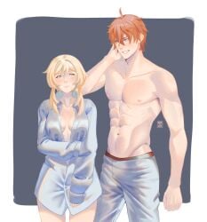 1boy 1boy1girl 1girls abs adonis_belt blonde_female blonde_hair blue_eyes bottomless boyfriends_shirt childe_(genshin_impact) cleavage female genshin_impact ginger height_difference lumine_(genshin_impact) male male/female muscles muscular muscular_male niahti orange_hair pajama_pants pajama_shirt pajamas pecs pectorals shirtless shirtless_(male) straight tartaglia_(genshin_impact)