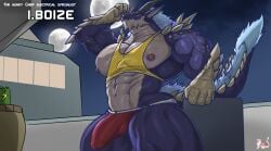 9:5 abs absurd_res anthro areola bulge clothing countershade_face countershade_neck countershade_torso countershading dragon english_text genital_outline hi_res horn jockstrap male masterelrest muscular muscular_anthro muscular_male nipples pecs penis_outline solo tail text underwear