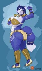 1girls anthro artist_name ass bracelet breasts collar embarrassed female female_only fur furry furry_female furry_only greasymojo huge_ass krystal large_breasts milf nintendo short_hair solo star_fox tail wolf wolf_ears wolf_girl wolf_tail