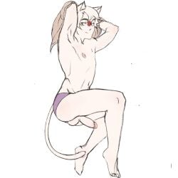 _bro_m arms_up brown_eyes cat_ears cat_tail catboy countryhuman countryhumans japan japan_(countryhumans) legs_together male_only no_bra nude nude_male penis_out pink_panties short_hair tail violet_clothing white_background white_hair white_skin