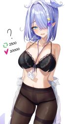 ? black_bra blue_hair blush bob_cut bra breasts dragon_girl elira_pendora hair_over_one_eye head_wings id_card mole mole_on_armpit navel nijisanji nijisanji_en pantyhose pointy_ears ruru_nnnn short_hair strip_game stripping sweat taking_clothes_off virtual_youtuber wings