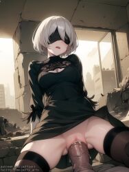 1girls ai_generated blindfold building dress dress_lift large_insertion mist nier:_automata open_mouth penis pov puffyart pussy pussy_juice robot robot_humanoid ruins solo_focus thick_thighs thighhighs vaginal_penetration veiny_penis white_hair yorha_2b