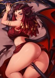 anus armlet ass black_horns blush bracelet breasts closed_mouth commentary demon_girl demon_tail demon_wings dreadlocks english_commentary female gradient_background grin hair_tubes highres horns iwbitu jewelry large_breasts long_hair looking_at_viewer original paid_reward_available purple_eyes pussy red_hair smile solo tail twitter_username uncensored wings