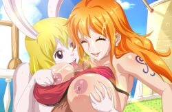 1boy 2girls assisted_paizuri bare_arms bare_breasts bare_hands bare_shoulder bare_shoulders big_breasts blonde blonde_female blonde_hair blonde_hair_female blue_sky breast_milk_squirt breasts brown_eyes bunny_humanoid carrot_(one_piece) cloud clouds cloudy_sky ear_piercing ear_ring earring earrings ejaculation ejaculation_between_breasts facial_ejaculation female female_focus female_human female_humanoid genitals groping_breasts groping_from_behind hair_between_eyes hand_on_breast hand_on_breasts huge_breast human humanoid humanoid_hands kuroko large_breasts licking licking_penis long_ears long_hair long_hair_female male medium_breasts medium_hair milk milk_on_face milk_on_hair nami nami_(one_piece) nipples one_piece open_mouth orange_hair orange_hair_female paizuri paizuri_under_clothes penis penis_lick pirate pointy_chin post-timeskip rabbit_ear rabbit_ears rabbit_girl rabbit_humanoid short_hair sky squirting squirting_milk titfuck titjob tongue tongue_out uncensored uncensored_penis