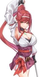 1girls absurd_res arm_up armpits bare_shoulders black_gloves blush breasts busty cleavage core_crystal female female_only fingerless_gloves glimmer_(xenoblade) gloves hairband highres holding_object holding_staff kimono large_breasts long_hair looking_at_viewer monolith_soft multicolored_hair nintendo pink_hair pink_kimono ponytail red_hair short_dress short_kimono short_skirt smile smiling staff thick_thighs thighs very_long_hair white-paka white_kimono xenoblade_(series) xenoblade_chronicles_3 xenoblade_chronicles_3:_future_redeemed yellow_eyes