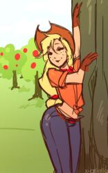 animated animated_gif applejack_(eg) applejack_(mlp) artist_request blonde_hair cowboy_hat farmgirl female_only freckles friendship_is_magic gloves hasbro hips jeans long_hair midriff my_little_pony smooth_skin solo thighs tied_shirt white_skin wide_hips