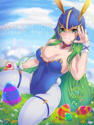 1girls alternate_costume breasts bunny_ears bunny_girl bunnysuit cleavage easter easter_egg female female_only fire_emblem fire_emblem:_path_of_radiance fire_emblem:_radiant_dawn green_eyes green_hair helmet keldancon large_breasts looking_at_viewer nephenee_(fire_emblem) nintendo outdoors smile solo thighs