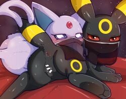 <3_eyes anus ass black_body black_fur blush bodily_fluids censored duo eeveelution espeon eyelashes facial_markings felid female female/female feral forehead_gem forehead_markings forked_tail fur generation_2_pokemon genital_fluids genitals head_markings heart hi_res himimi inviting looking_at_viewer mammal markings nintendo pokemon pokemon_(species) purple_body purple_eyes purple_fur pussy pussy_juice rear_view red_eyes sweat tail umbreon unusual_anatomy unusual_tail veil