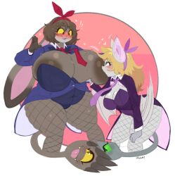 2girls accessory anthro areola areola_slip aria_(appledees) bat belly bent_over big_areola big_breasts blonde_hair blue_eyes blush blushing_profusely bodily_fluids breast_play breast_size_difference breast_sucking breastless_clothing breasts brown_body brown_fur brown_hair bunnysuit chubby chubby_female cleavage clothing curvy_figure duo embarrassed exclamation_point eye_contact female female/female female_only fishnet fishnet_legwear fishnet_pantyhose fishnets floppy_ears fur hair hair_accessory hair_ribbon hand_on_knee hand_on_leg heart hi_res huge_breasts katherine_(appledees) lagomorph legwear leotard leporid long_ears looking_at_another lop_ears mammal motion_lines multiple_girls navel_outline necktie open_mouth original original_character original_characters pink_nose rabbit raised_hand ribbons roly shirt_collar slightly_chubby straining_buttons sucking sweat sweaty_breasts tail thick_thighs thighs tie tongue tongue_out unusual_anatomy unusual_tail voluptuous wardrobe_malfunction wide_hips yellow_sclera yuri