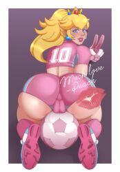 1girls all_fours arcanensfw ass ass_focus big_ass blonde_hair blue_eyes booty_shorts cameltoe crop_top crown female female_only football football_(ball) football_player football_uniform gloves hotpants kiss_mark looking_at_viewer looking_back mario_(series) mario_strikers midriff nintendo photograph picture picture_frame pink_clothing pink_crop_top pink_shorts ponytail princess_peach sensual short_shorts shorts signature smile solo solo_female tight_clothing tight_shorts v v_sign