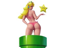 1girls 3d artist_request ass big_ass bikini blonde_hair blue_eyes confident female female_only hand_on_hip industrial_pipe legs long_hair looking_at_viewer looking_back mario_(series) nintendo pink_bikini pink_lips pose posing princess princess_peach sensual simple_background smile solo starman_(mario) super_mario_bros. swimsuit thighs thong_bikini warp_pipe white_background