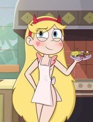 apron ass blonde_hair blue_eyes blush breakfast clothing completely_nude completely_nude_female cooking disney disney_channel disney_xd female hadaka_apron high_resolution kitchen nervous nervous_smile nightkitty_(artist) nude nude_female seducing seductive seductive_body seductive_pose sideass smile star_butterfly star_vs_the_forces_of_evil teenage teenage_girl