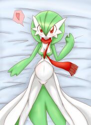 1girls blush gardevoir heart humanoid large_breasts neichii on_back pokémon_(species) pokemon pokemon_(species) pokemon_rse pregnant pussy red_eyes red_scarf scarf solo spoken_heart