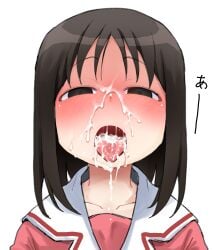 1girls :o absurdres after_oral azumanga_daiou black_eyes blush brown_hair bukkake close-up collarbone commentary cum cum_in_mouth cum_on_tongue cum_string cumdrip dripping embarrassed etokakaitari facial facing_away female female_only highres kasuga_ayumu looking_at_viewer lowered_eyelids medium_hair narrowed_eyes naughty_face nose_blush open_mouth osaka_ayumu_kasuga pink_shirt portrait raised_eyebrows sailor_collar school_uniform serafuku shirt solo tongue tongue_out translated white_background white_sailor_collar