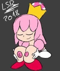 1girls 2018 breast_squeeze breasts breasts_out crossover crown dress female gloves kirbette_(lsr) kirby kirby_(series) lsr lsr_(artist) mario_(series) new_super_mario_bros._u_deluxe nintendo nipples pink_dress pink_hair rule_63 solo solo_female super_crown