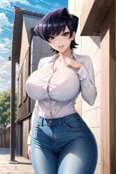 1girls ai_generated curvy_body curvy_female curvy_figure denim_jeans female_focus female_only high_resolution huge_breasts komi-san_wa_komyushou_desu komi_shuuko looking_at_viewer mature_female milf republic_of_ai short_hair solo_female solo_focus stable_diffusion violet_hair