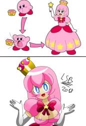 1girls 2018 blue_eyes blush breasts cleavage crossover crown dress female gloves kirbette_(lsr) kirby kirby_(series) lsr lsr_(artist) mario_(series) new_super_mario_bros._u_deluxe nintendo nipple_bulge nipple_slip nipples nipples_visible_through_clothing pink_dress pink_hair ribbon rule_63 solo solo_female super_crown