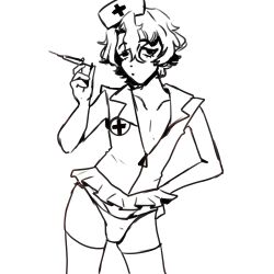 1boy black_and_white ensemble_stars! hand_on_hip hiyori_tomoe nurse_uniform sketch syringe thong unzipped yougotthegay